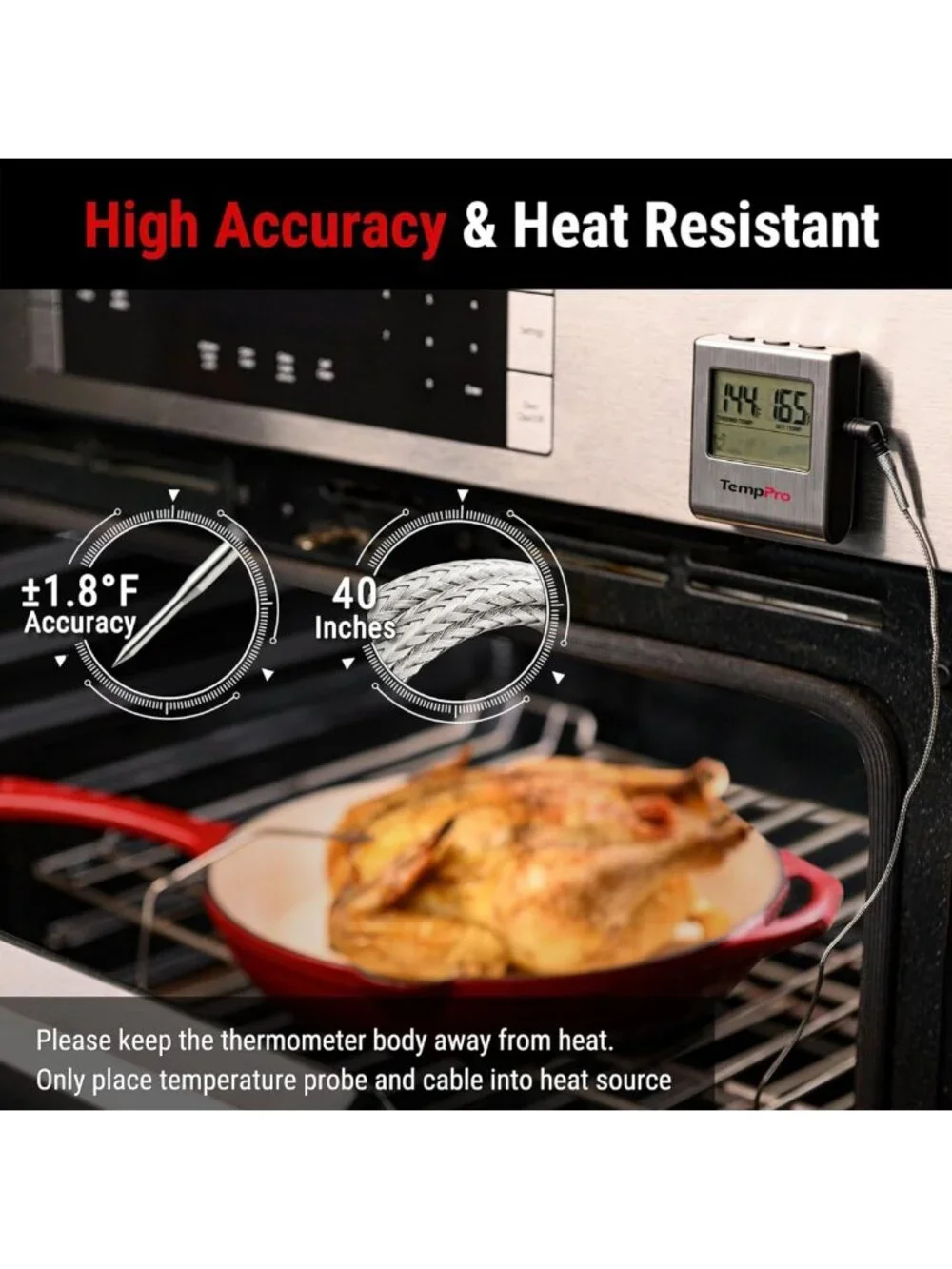 Large LCD Digital Meat Thermometer for BBQ, Grill & Oven - Cooking Timer & Probe